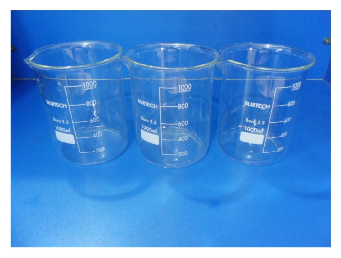 Standard beakers with lip for pouring lab liquids.