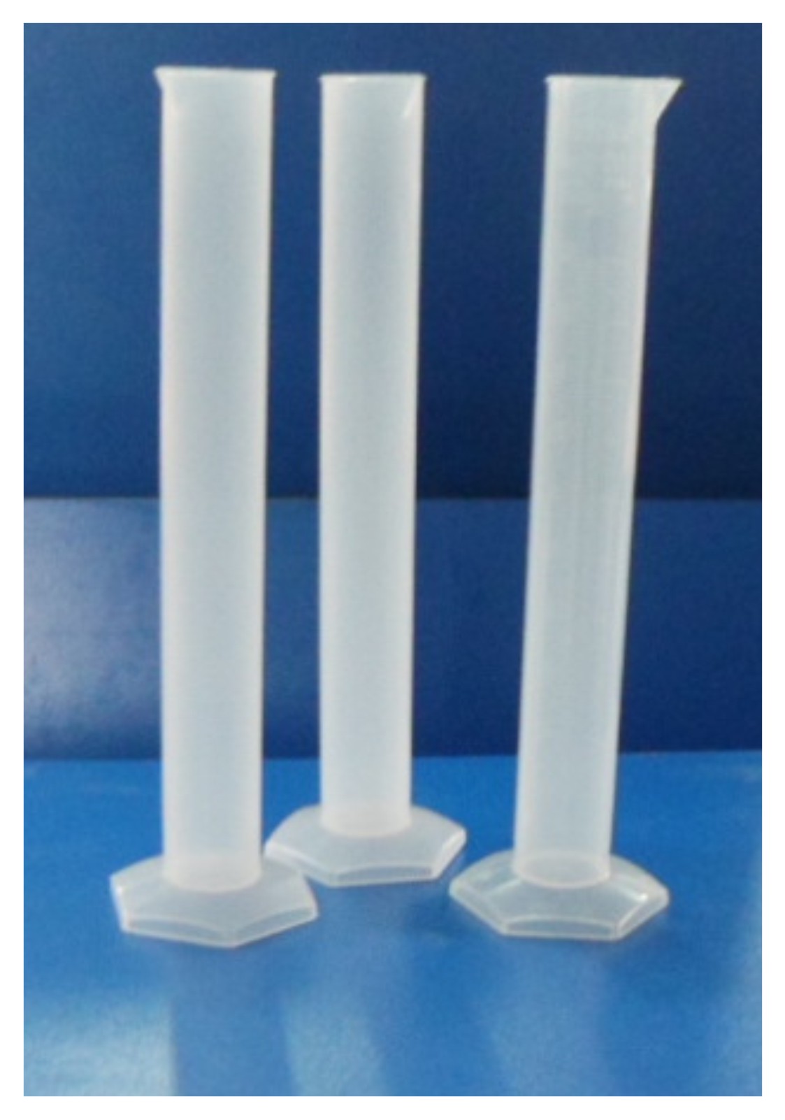 Accurate Plastic Measuring cylinders for laboratory liquids.