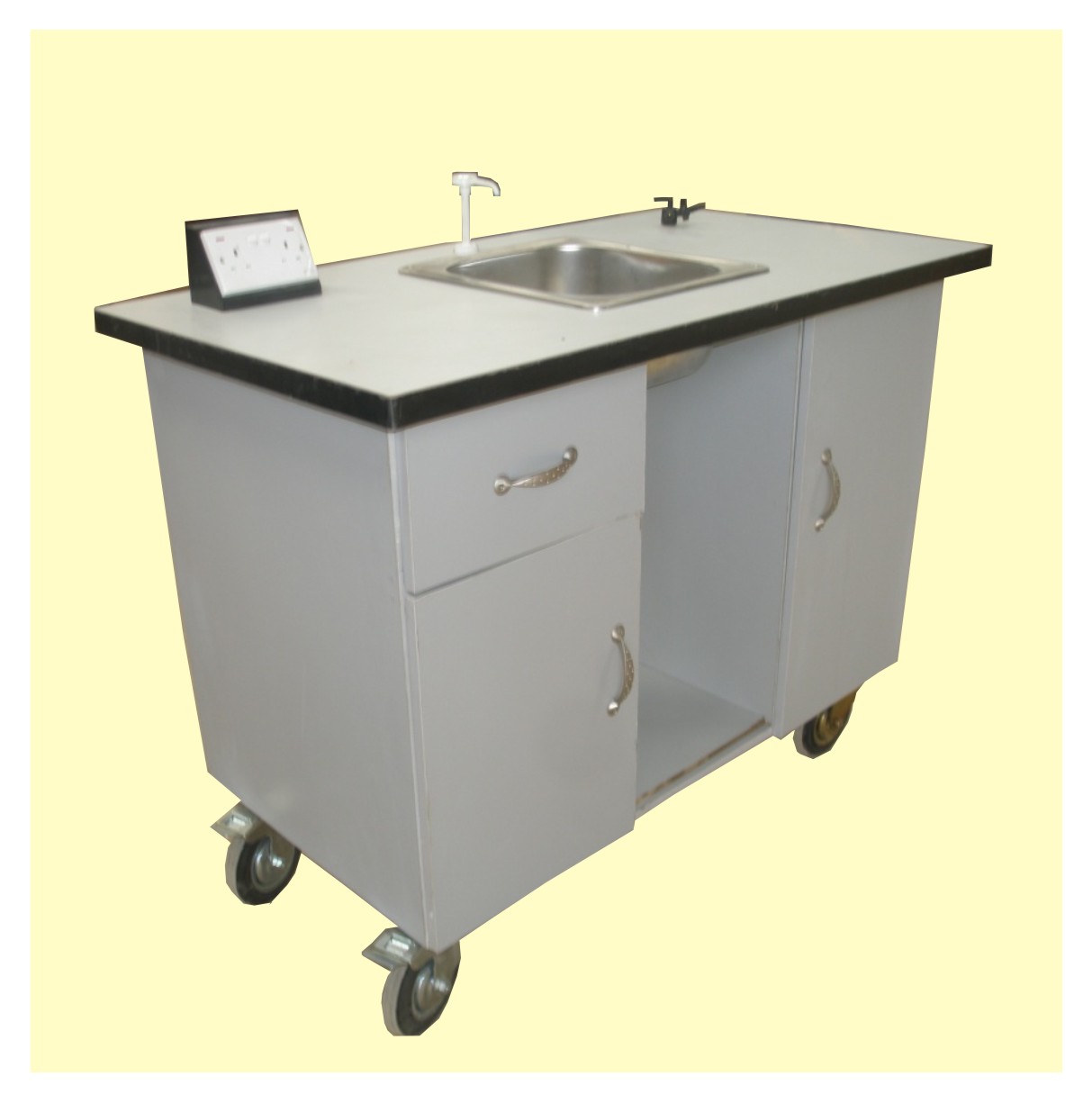 mobile-laboratory-desk-with-lockable-castors-and-single-sink